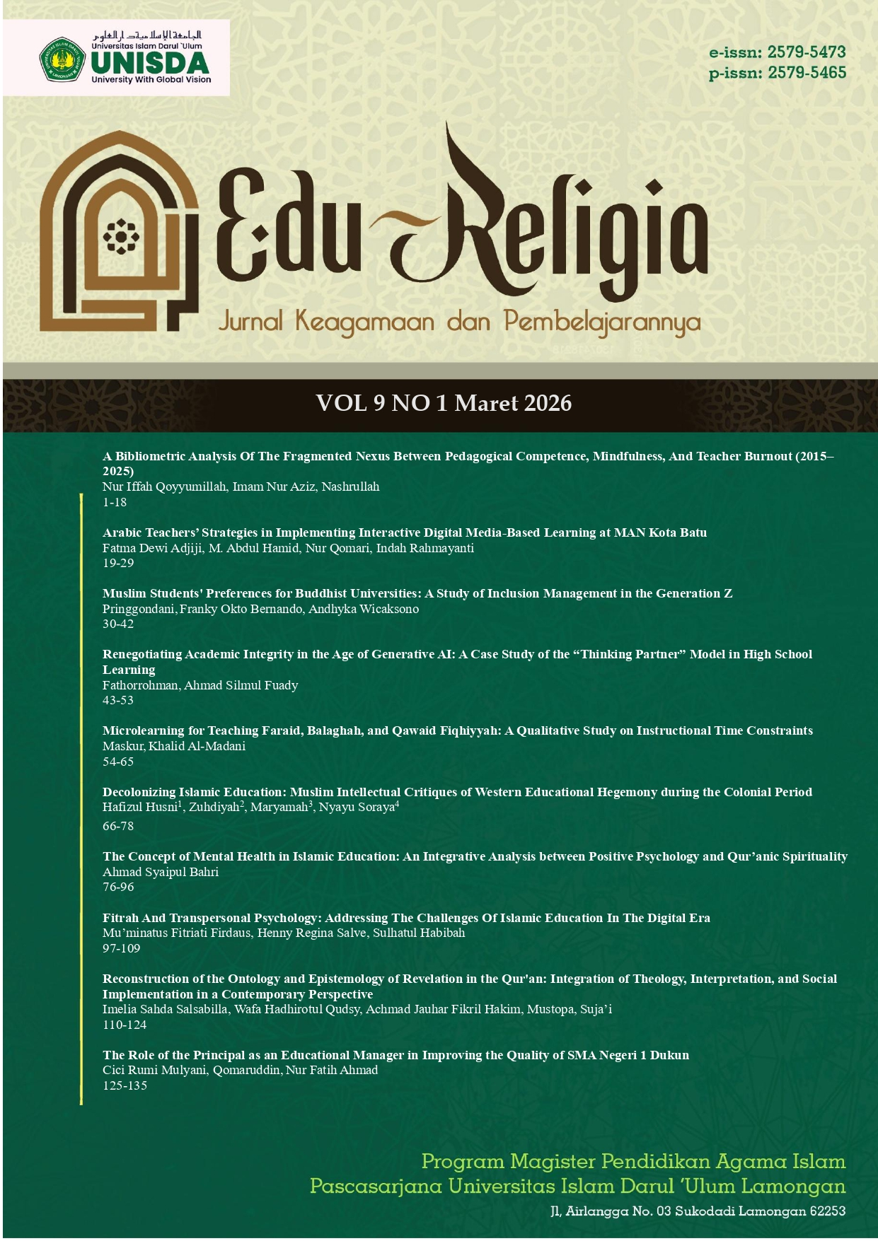 					View Vol. 9 No. 1 (2026): Edu-Religia: Jurnal Keagamaan dan Pembelajarannya
				